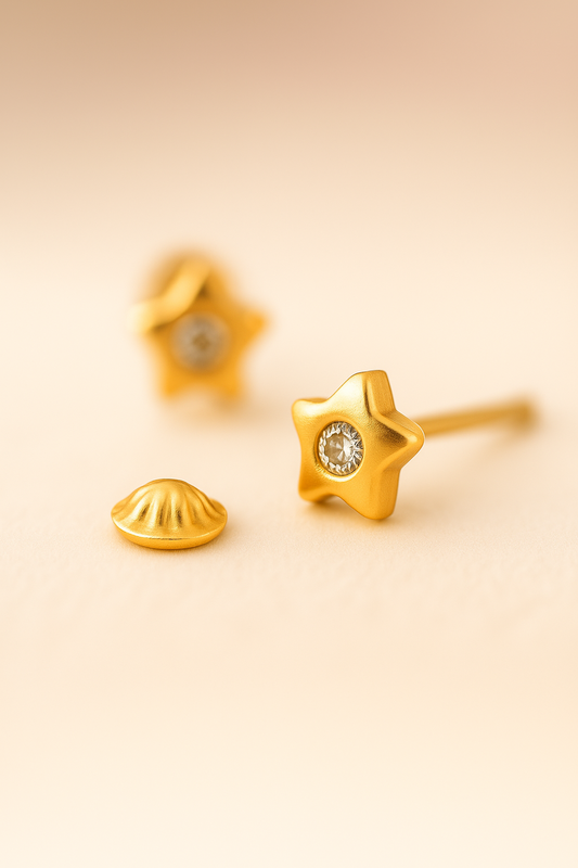 Broqueles mini de estrella de cinco puntas en oro 18k con diamante central