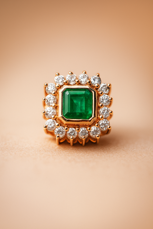 Dije de esmeralda rectangular con halo de diamantes en oro amarillo 18k