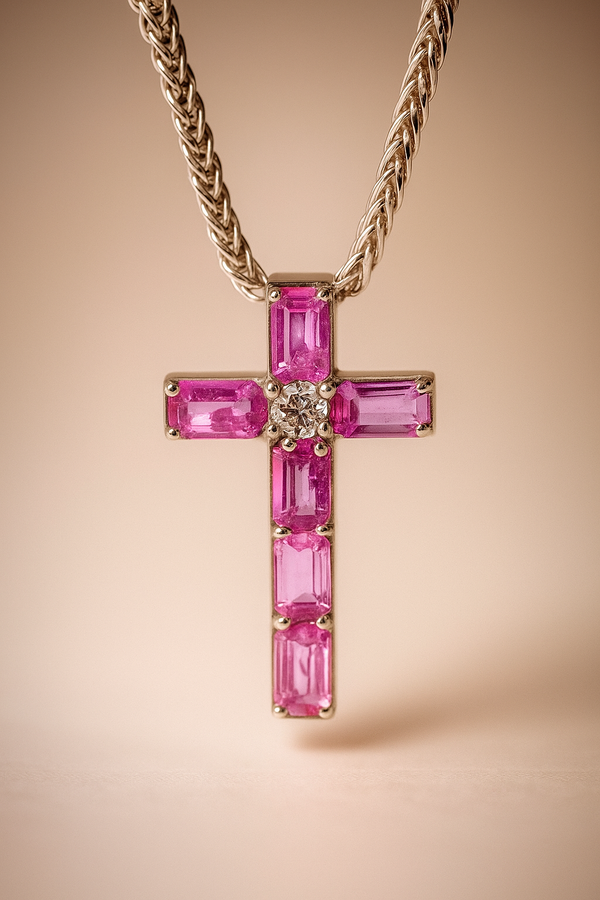 Dije de cruz en oro rosa 18k con zafiro azul